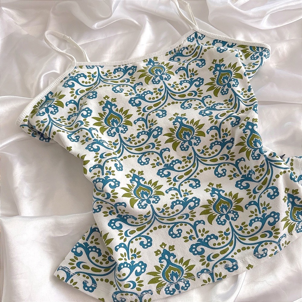 Route 66 Vintage Blue Green Damask Floral Cami Top Adjustable Straps